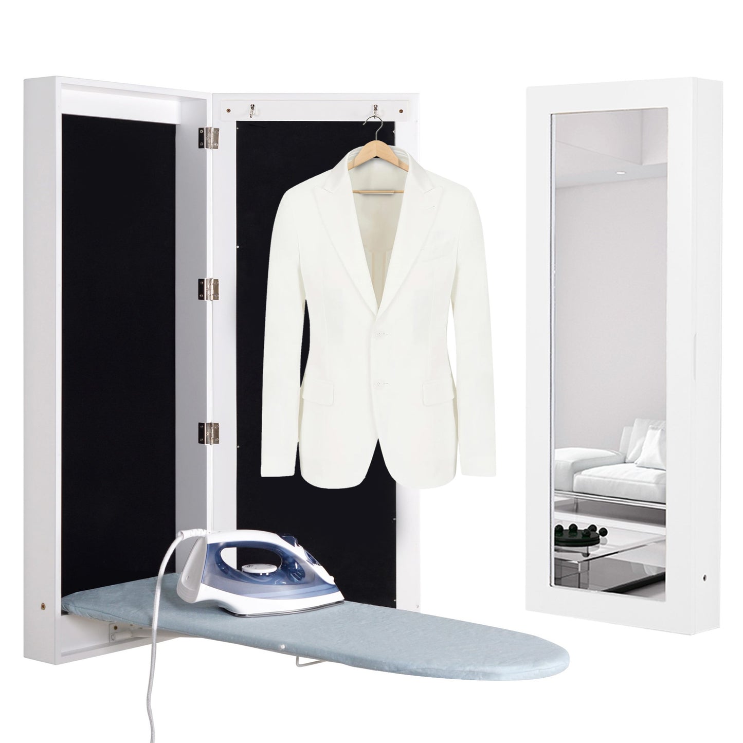 Facilehome Slim Wall Mounted Ironing Board Cabinet, Foldable Ironing Board Pad with Storage, Ironing Board Closet with Mirror Door, White
