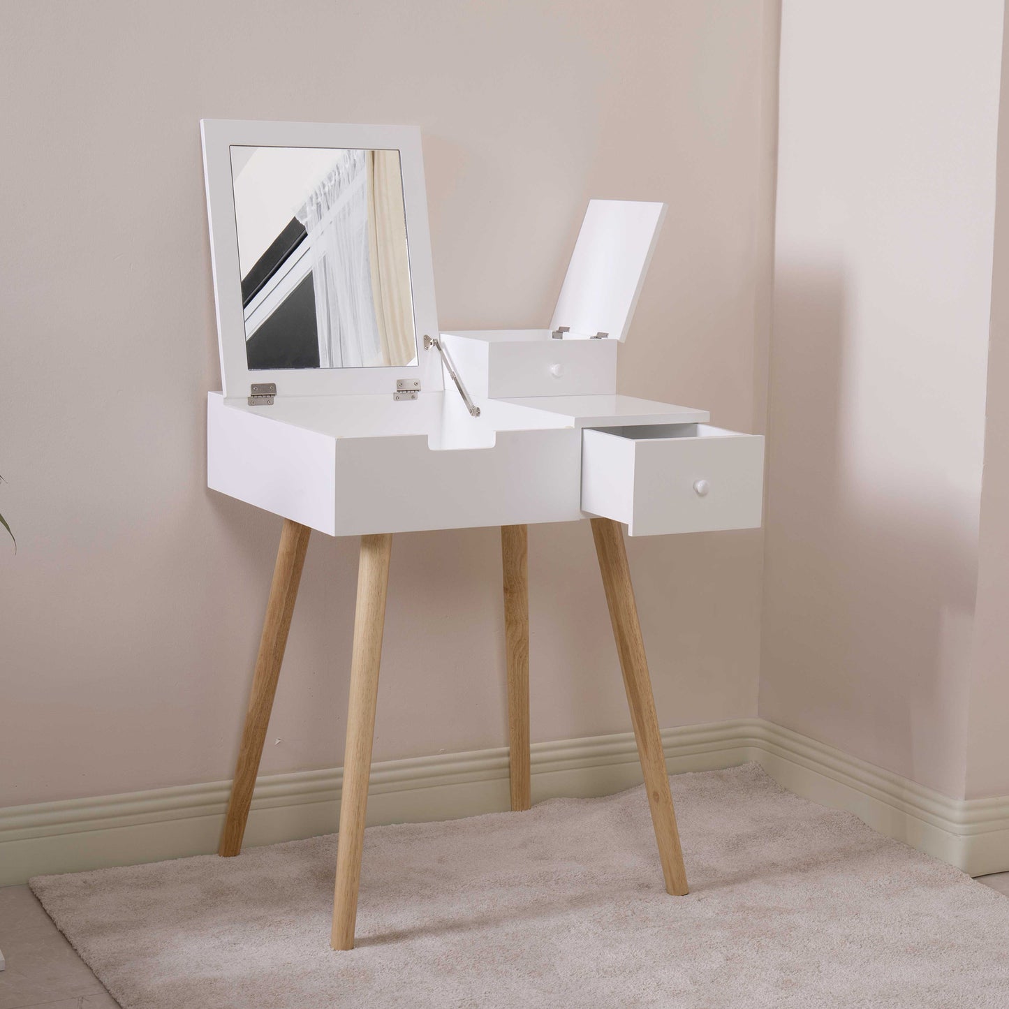 White Vanity Makeup Dressing Table 3 Drawer Mirror Wood Desk