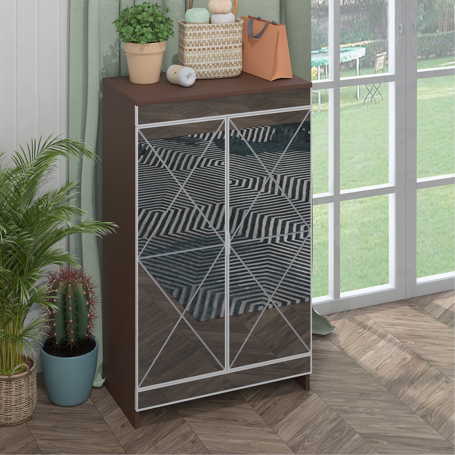 Elegant Decor Mirrored Cabinet with Silver Edging,Mirrored Cabinet with Double Door Storage,Shoe Storage Cabinet for Entryway,Glass+Brown Finish