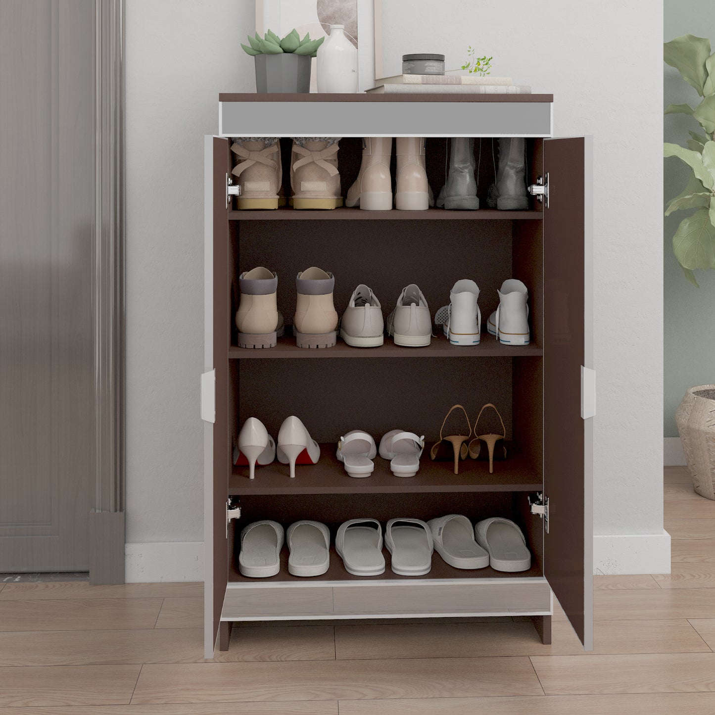 Elegant Decor Mirrored Cabinet with Silver Edging,Mirrored Cabinet with Double Door Storage,Shoe Storage Cabinet for Entryway,Glass+Brown Finish