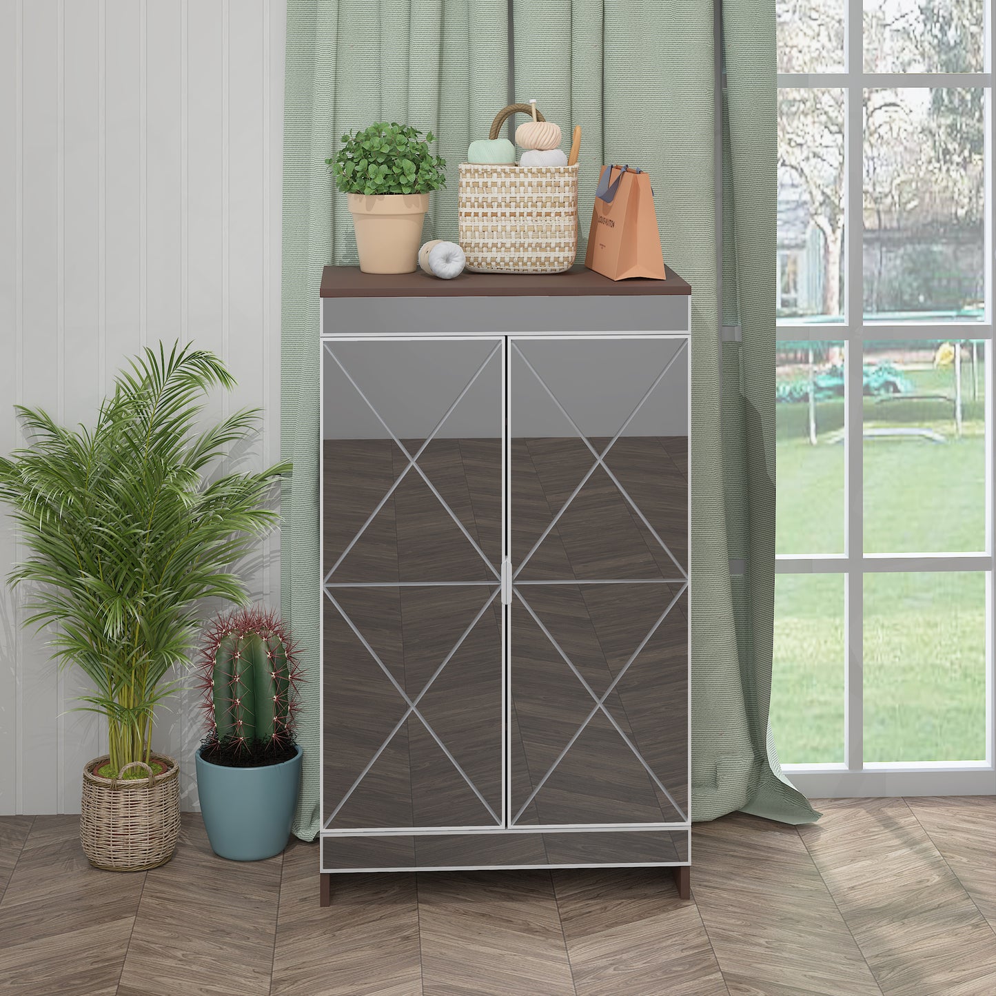 Elegant Decor Mirrored Cabinet with Silver Edging,Mirrored Cabinet with Double Door Storage,Shoe Storage Cabinet for Entryway,Glass+Brown Finish