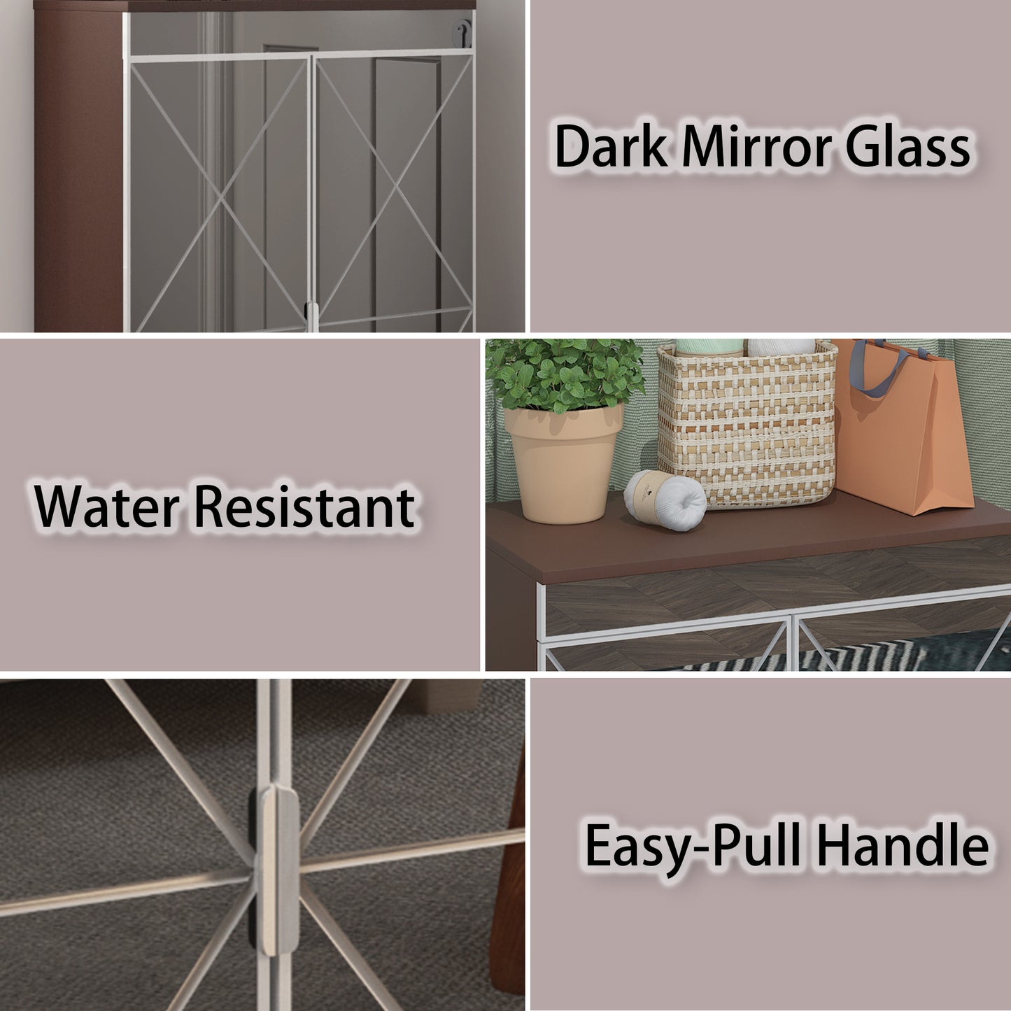 Elegant Decor Mirrored Cabinet with Silver Edging,Mirrored Cabinet with Double Door Storage,Shoe Storage Cabinet for Entryway,Glass+Brown Finish