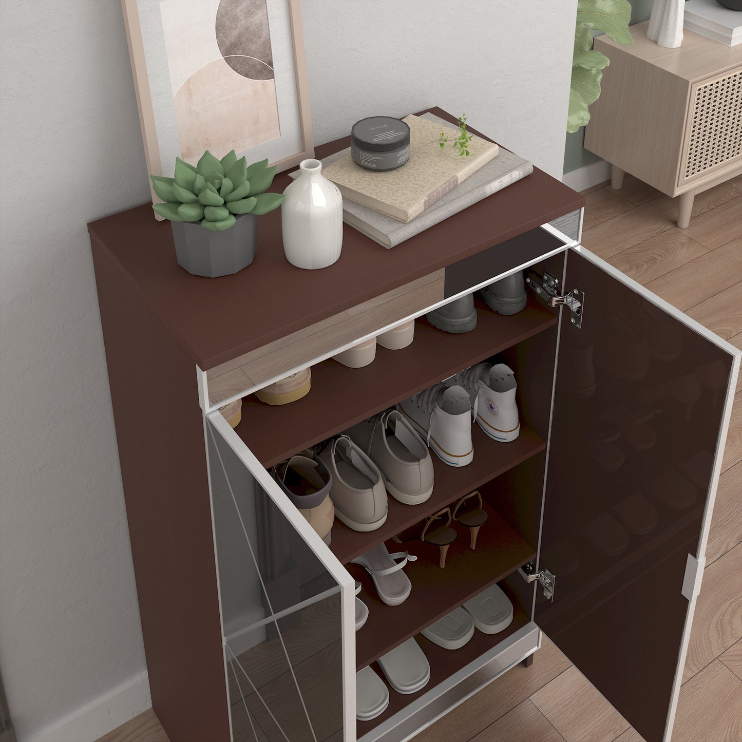 Elegant Decor Mirrored Cabinet with Silver Edging,Mirrored Cabinet with Double Door Storage,Shoe Storage Cabinet for Entryway,Glass+Brown Finish