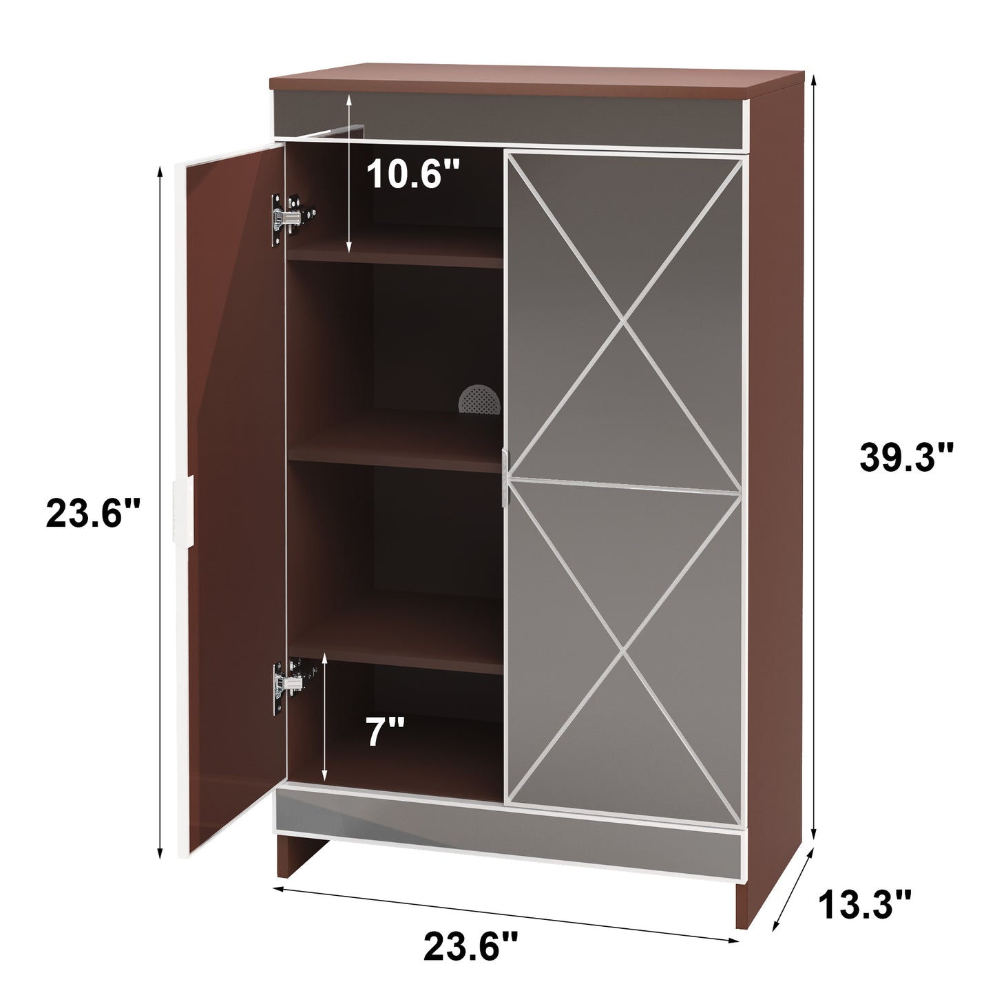Elegant Decor Mirrored Cabinet with Silver Edging,Mirrored Cabinet with Double Door Storage,Shoe Storage Cabinet for Entryway,Glass+Brown Finish