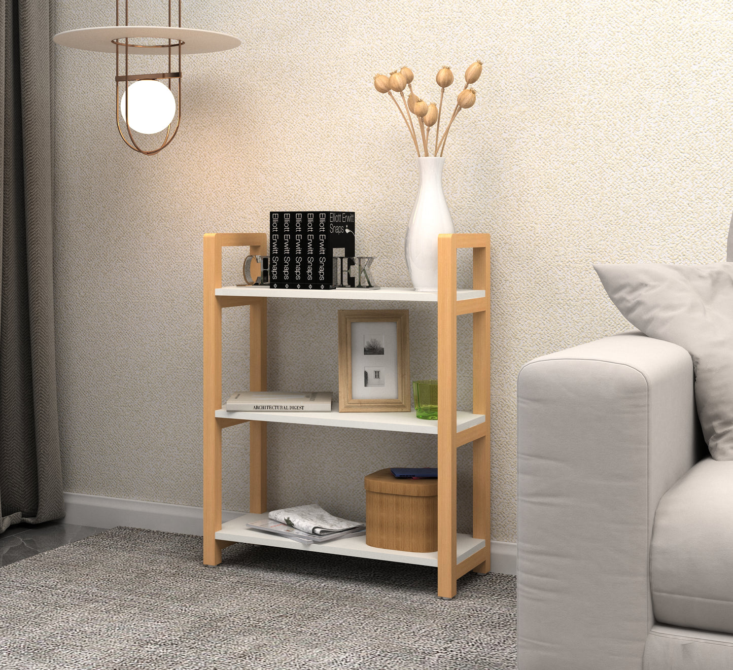Facilehome 3-tiers Storage Bookcase with Solid Wood Frame,White