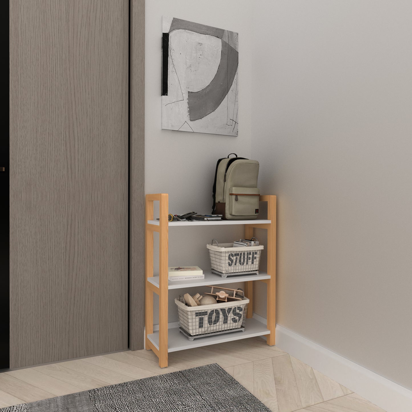 Facilehome 3-tiers Storage Bookcase with Solid Wood Frame,White