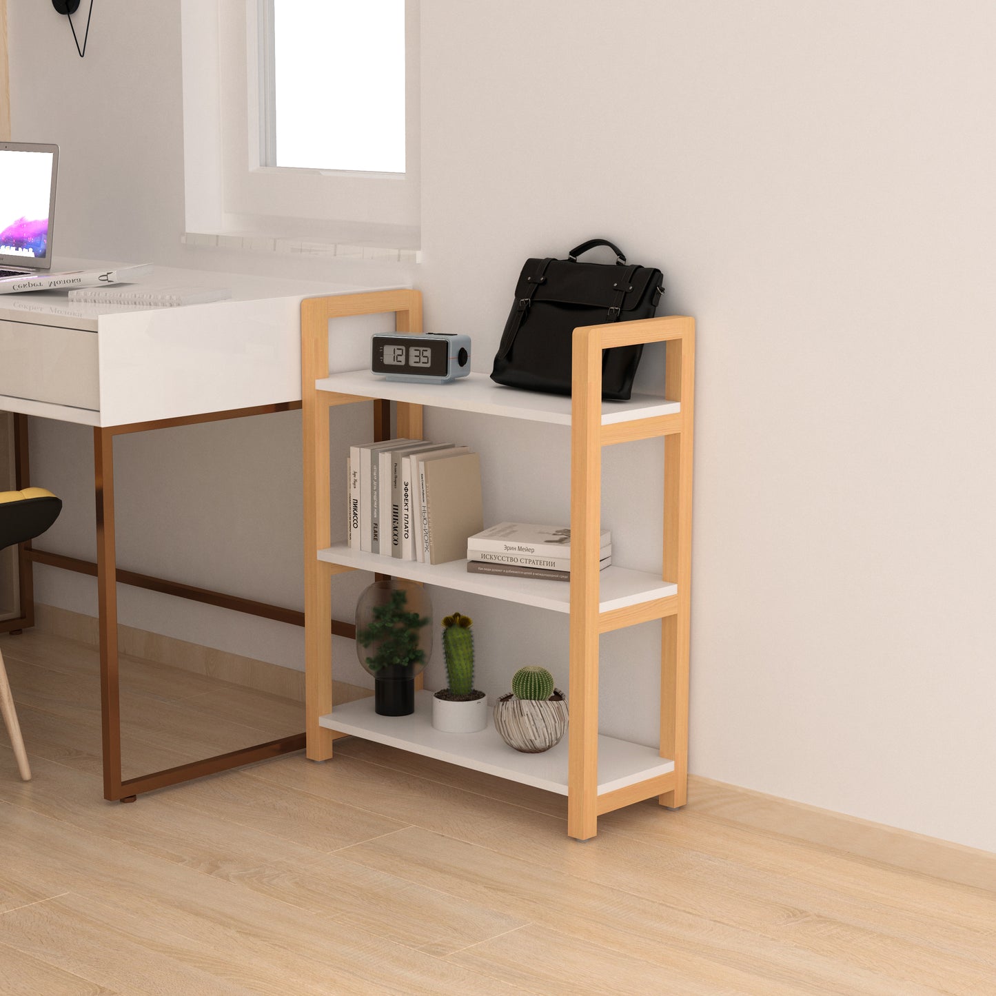 Facilehome 3-tiers Storage Bookcase with Solid Wood Frame,White