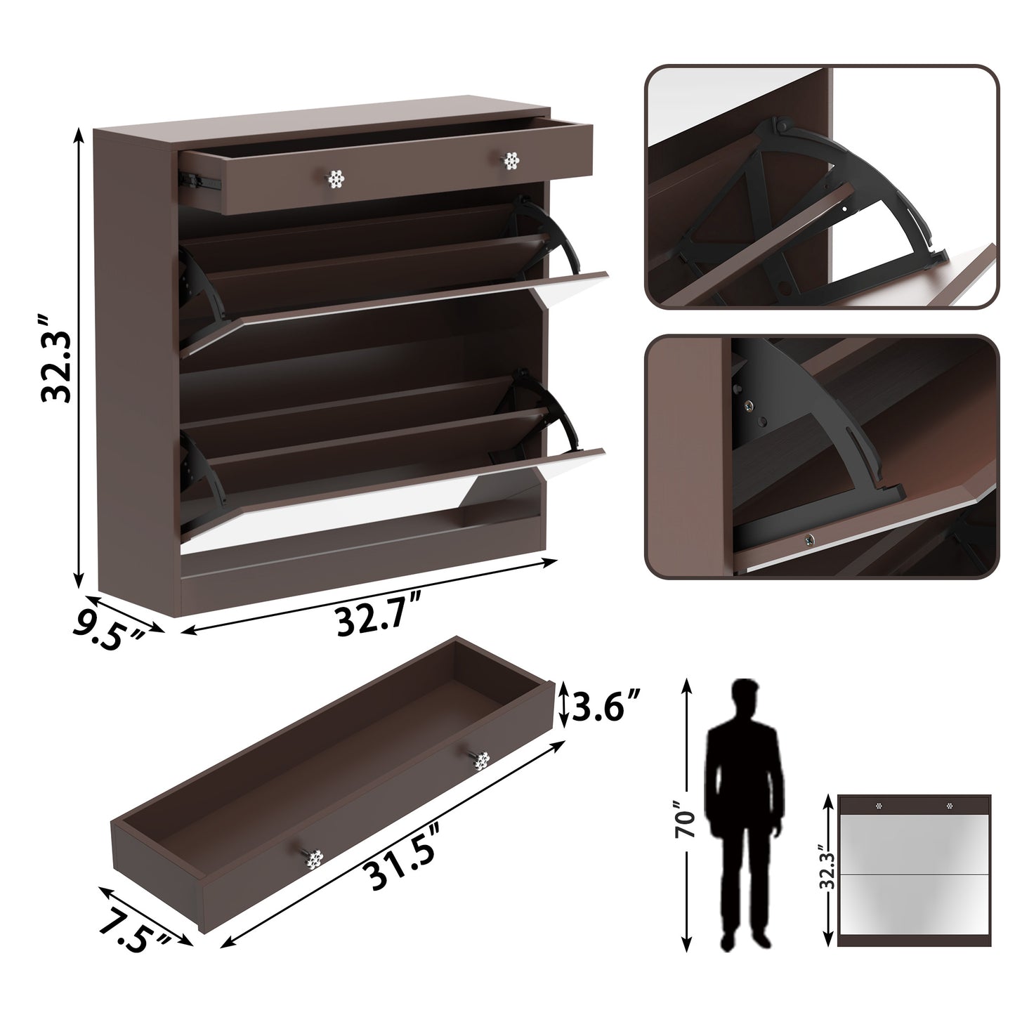 Mirror Shoe Cabinet with 2 Tier Drawers, Mirror Shoe Rack With 1 Drawer Storage, Mirror Shoe Organizer with 2 Layers In a Drawer for Entrance, Entryway, Bedroom,Brown Finish