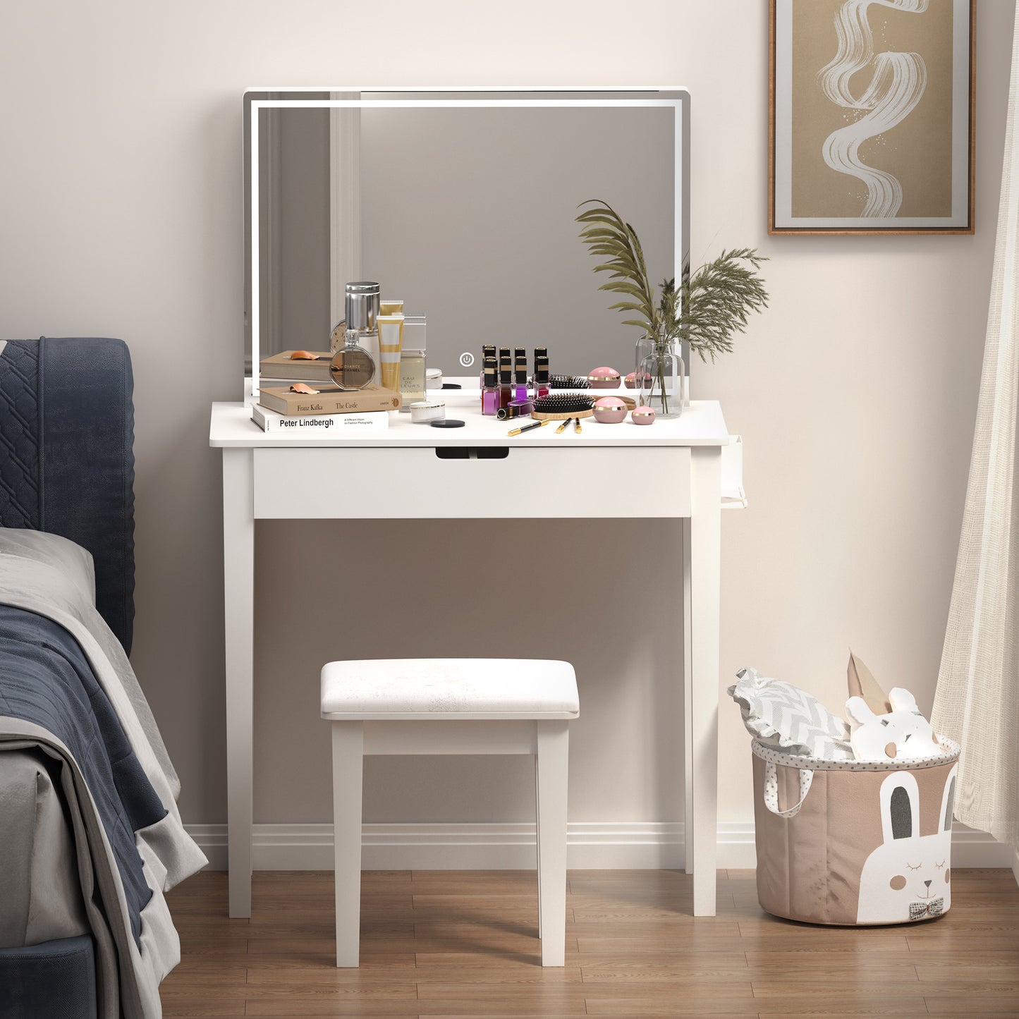 Vanity Desk Set With Mirror For Makeup With Stool, Makeup Table With 1 Drawer Storage Cosmetics, Vanity Dressing Table For Bedroom With Dimmable LED Light With Stool,White Finish