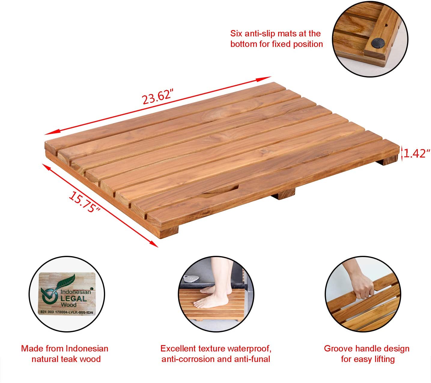 Facilehome Teak Bath Mat Non Slip Luxury Spa Solid Teak Bath Mat Indoor/Outdoor Shower Mat Large Floor Mat 23.6'' x 15.7'' x 1.4''