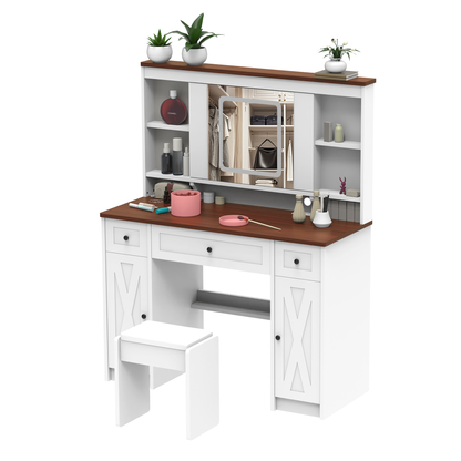 Farmhouse Vanity Desk with Sliding Mirror,Lights and Charging Station,Makeup Table Desk with Dimmable Led Light,Vanity Makeup Table with Sponge Soft Stool,White+Brown Finish