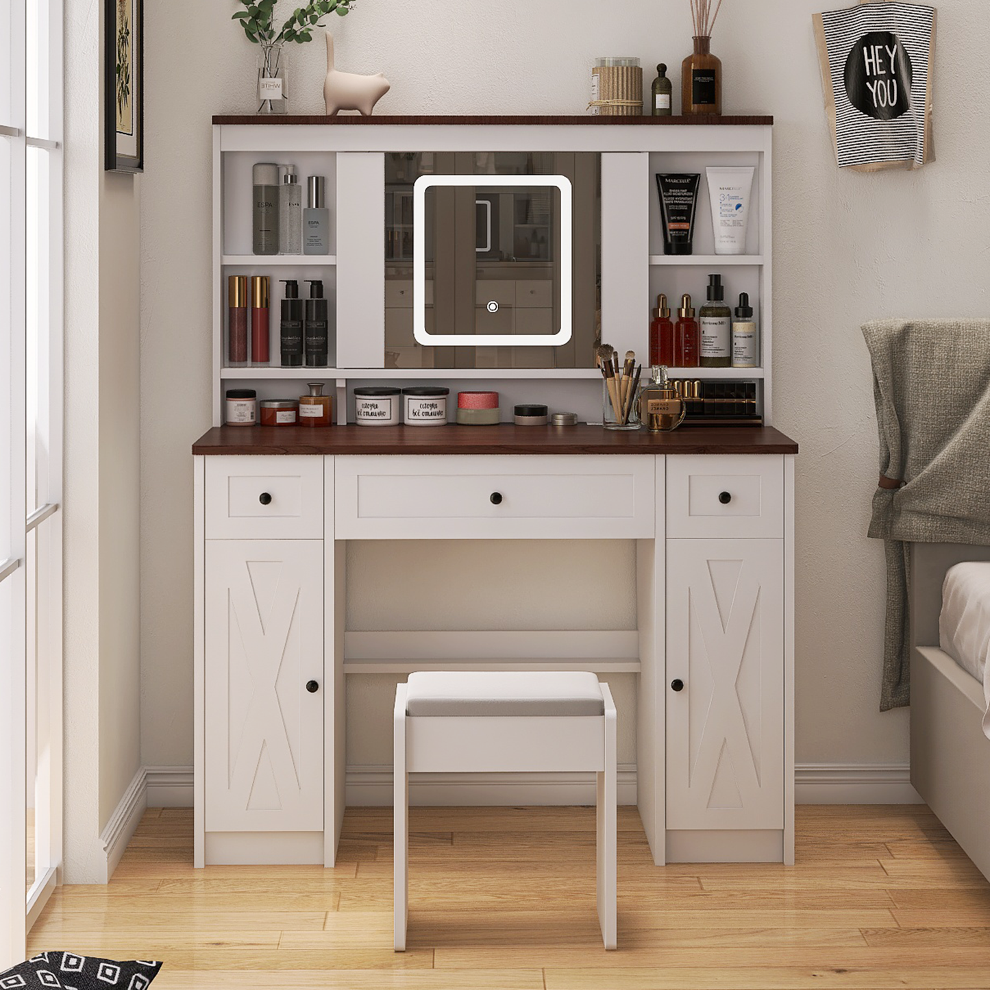 Farmhouse Vanity Desk with Sliding Mirror,Lights and Charging Station,Makeup Table Desk with Dimmable Led Light,Vanity Makeup Table with Sponge Soft Stool,White+Brown Finish