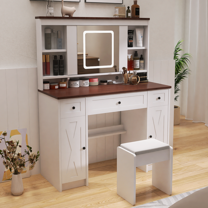 Farmhouse Vanity Desk with Sliding Mirror,Lights and Charging Station,Makeup Table Desk with Dimmable Led Light,Vanity Makeup Table with Sponge Soft Stool,White+Brown Finish