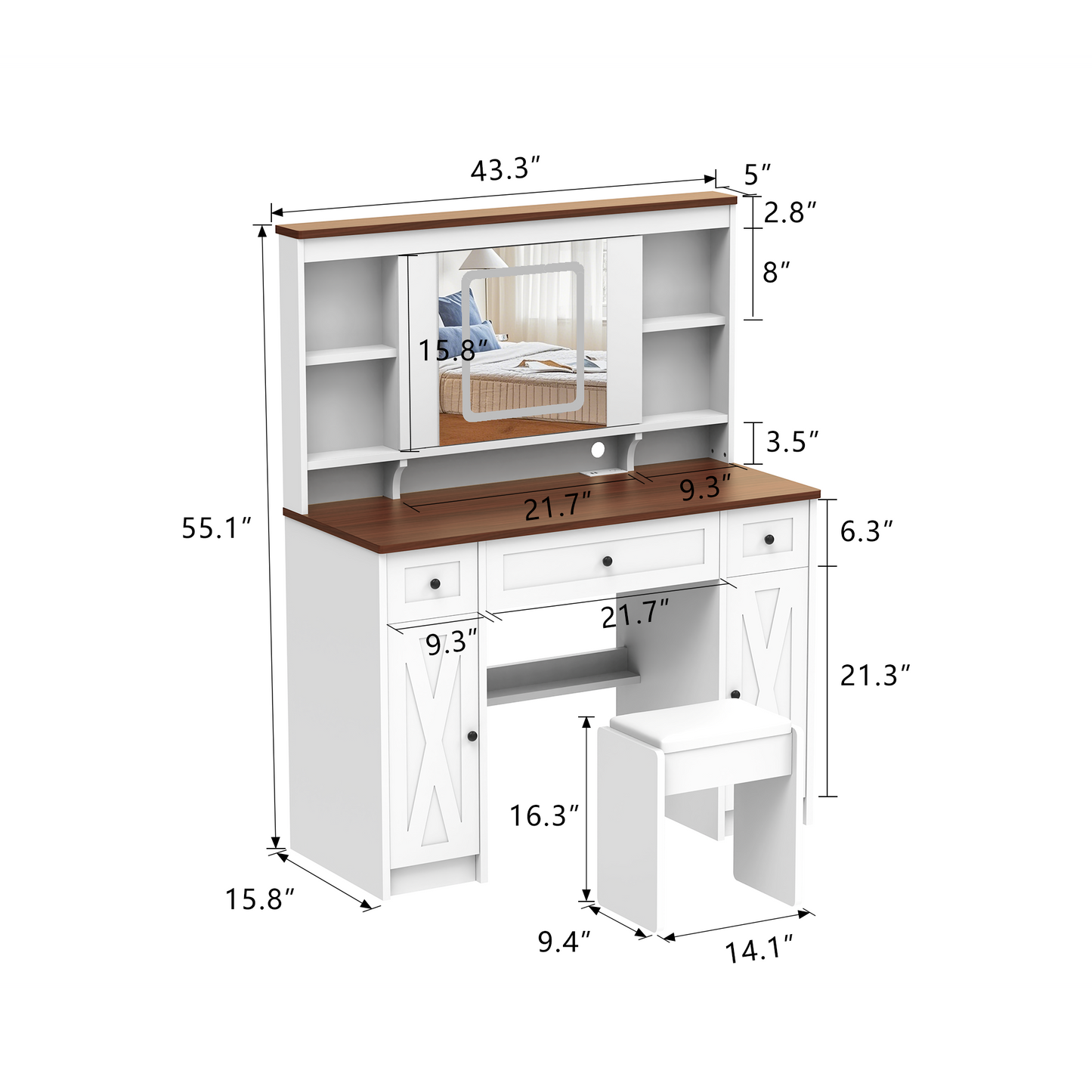 Farmhouse Vanity Desk with Sliding Mirror,Lights and Charging Station,Makeup Table Desk with Dimmable Led Light,Vanity Makeup Table with Sponge Soft Stool,White+Brown Finish