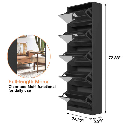 Shoe Storage Cabinet With Full Length Mirror,Wooden Freestanding Shoe Rack Organizer With 5 Tiers Flip Drawers & 30 Pair, Tall Narrow Shoe Cabinet For Entryway, Hallway, Bedroom, Closet, Living Room (Black)