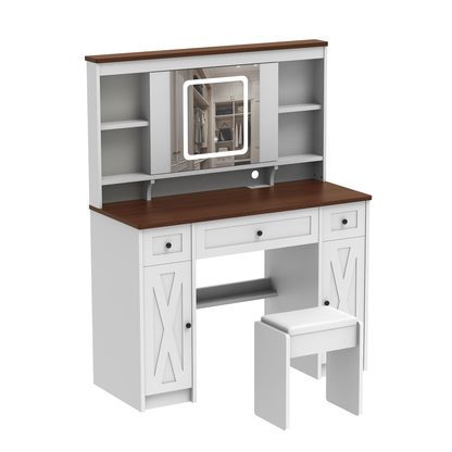 Farmhouse Vanity Desk with Sliding Mirror,Lights and Charging Station,Makeup Table Desk with Dimmable Led Light,Vanity Makeup Table with Sponge Soft Stool,White+Brown Finish