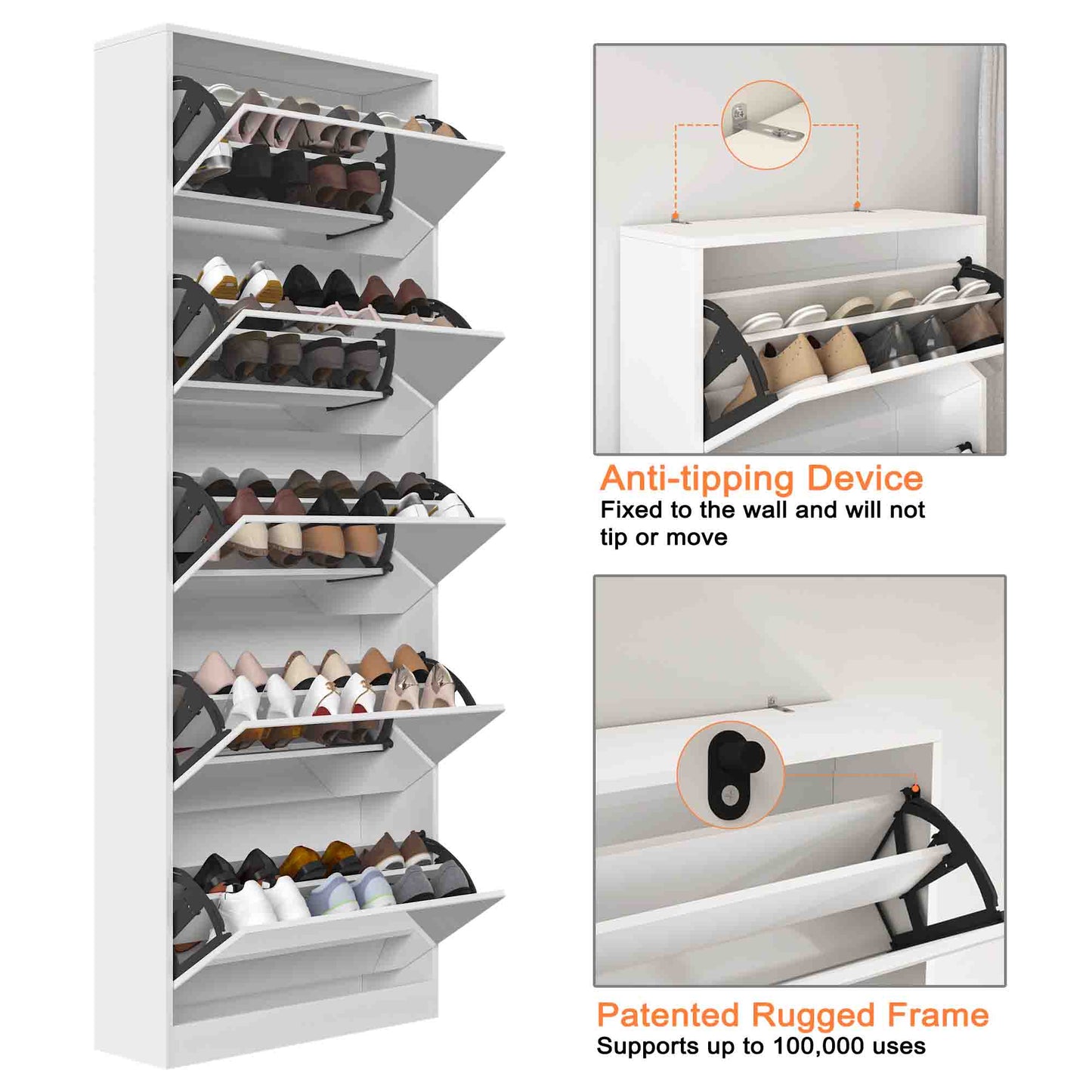 Shoe Storage Cabinet With Full Length Mirror,Wooden Freestanding Shoe Rack Organizer With 5 Tiers Flip Drawers and 30 Pair, Tall Narrow Shoe Cabinet For Entryway, Hallway, Bedroom, Closet, Living Room (White)