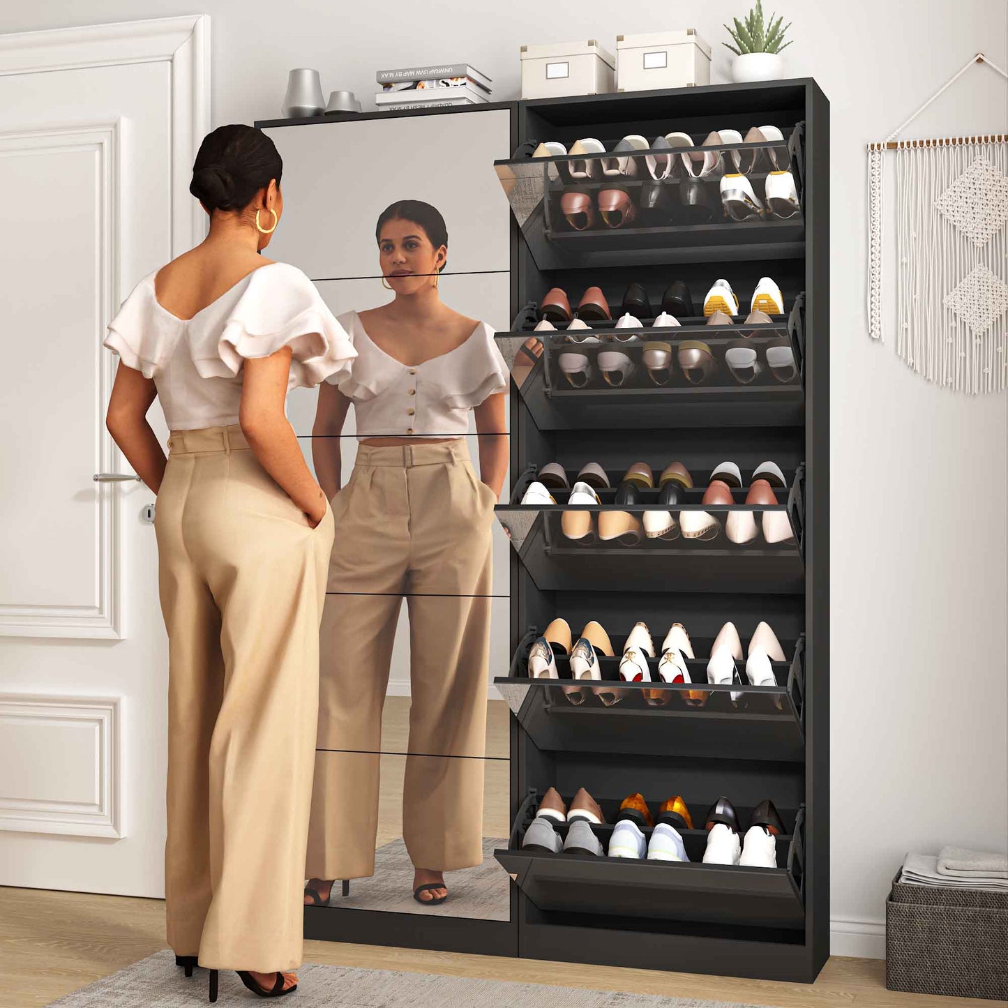 Shoe Storage Cabinet With Full Length Mirror,Wooden Freestanding Shoe Rack Organizer With 5 Tiers Flip Drawers & 30 Pair, Tall Narrow Shoe Cabinet For Entryway, Hallway, Bedroom, Closet, Living Room (Black)