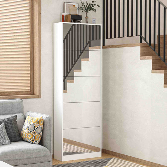 Shoe Storage Cabinet With Full Length Mirror,Wooden Freestanding Shoe Rack Organizer With 5 Tiers Flip Drawers and 30 Pair, Tall Narrow Shoe Cabinet For Entryway, Hallway, Bedroom, Closet, Living Room (White)
