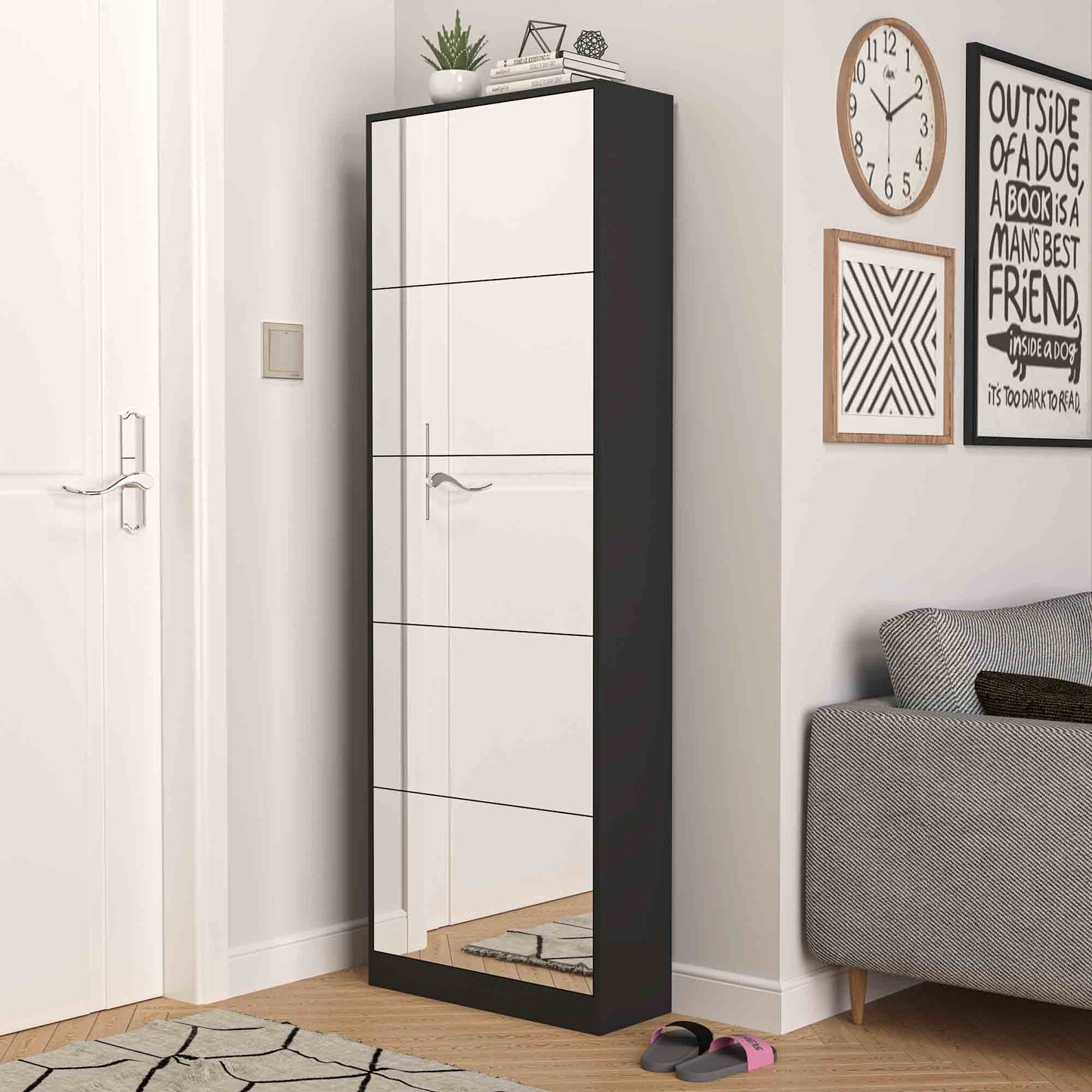 Shoe Storage Cabinet With Full Length Mirror,Wooden Freestanding Shoe Rack Organizer With 5 Tiers Flip Drawers & 30 Pair, Tall Narrow Shoe Cabinet For Entryway, Hallway, Bedroom, Closet, Living Room (Black)