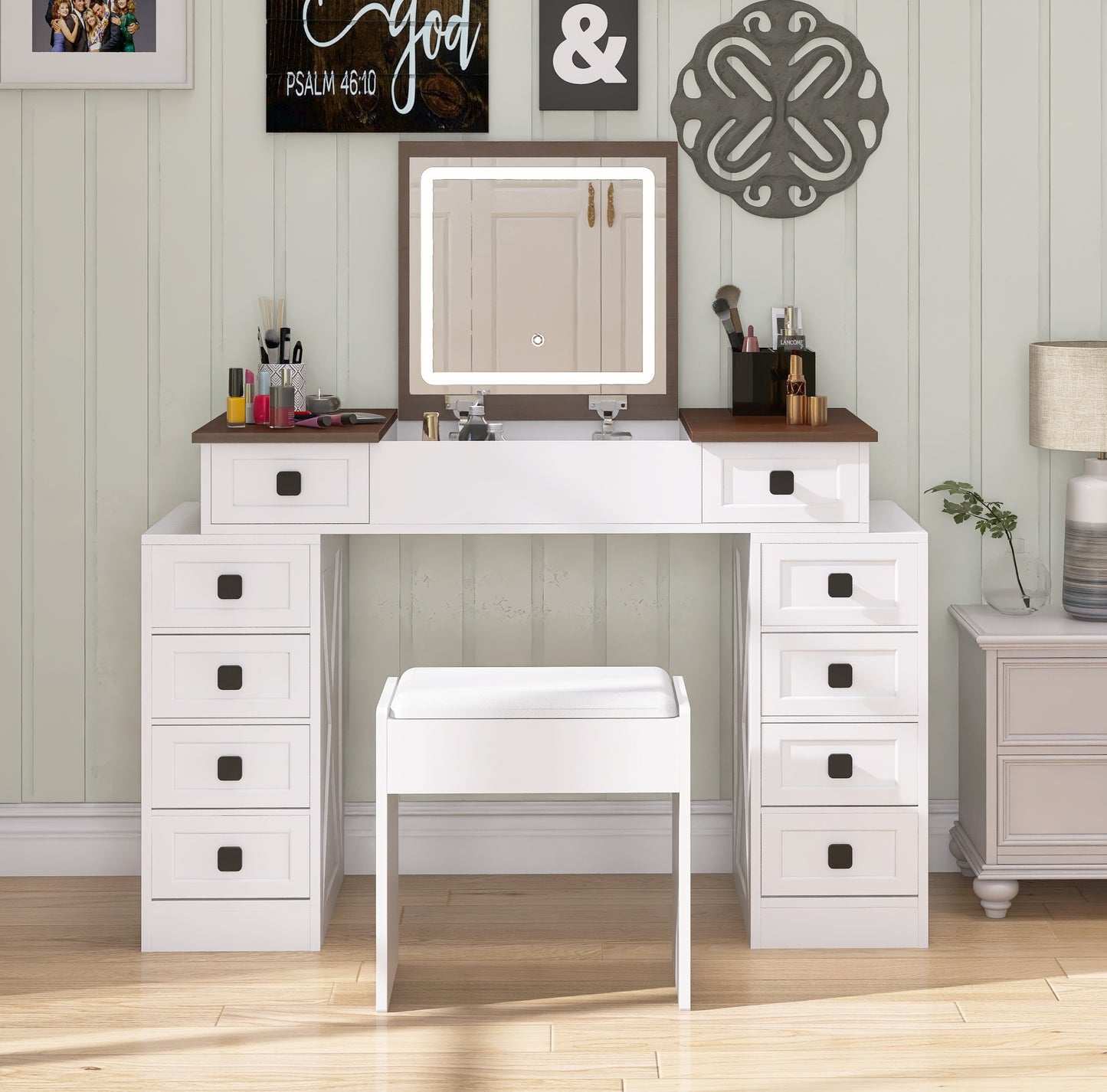 Vanity Desk with Dimmable LED Light with 10 Drawers, Makeup Table with Flip Up Mirror for Space-saving,Large Storage Vanity Table Set with Stool and Drawers, White+Walnut Finish