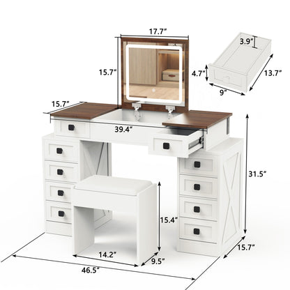 Vanity Desk with Dimmable LED Light with 10 Drawers, Makeup Table with Flip Up Mirror for Space-saving,Large Storage Vanity Table Set with Stool and Drawers, White+Walnut Finish