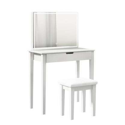 Vanity Desk Set With Mirror For Makeup With Stool, Makeup Table With 1 Drawer Storage Cosmetics, Vanity Dressing Table For Bedroom With Dimmable LED Light With Stool,White Finish