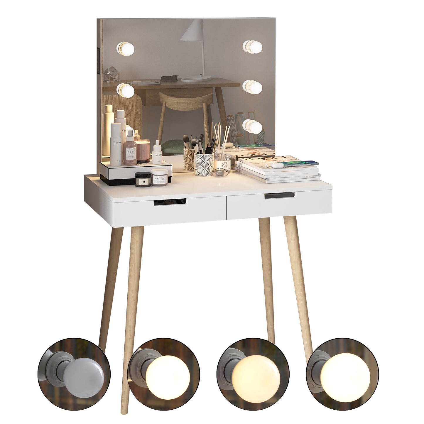 Facilehome Wooden Vanity Table Makeup Dressing Desk with LED Light,White