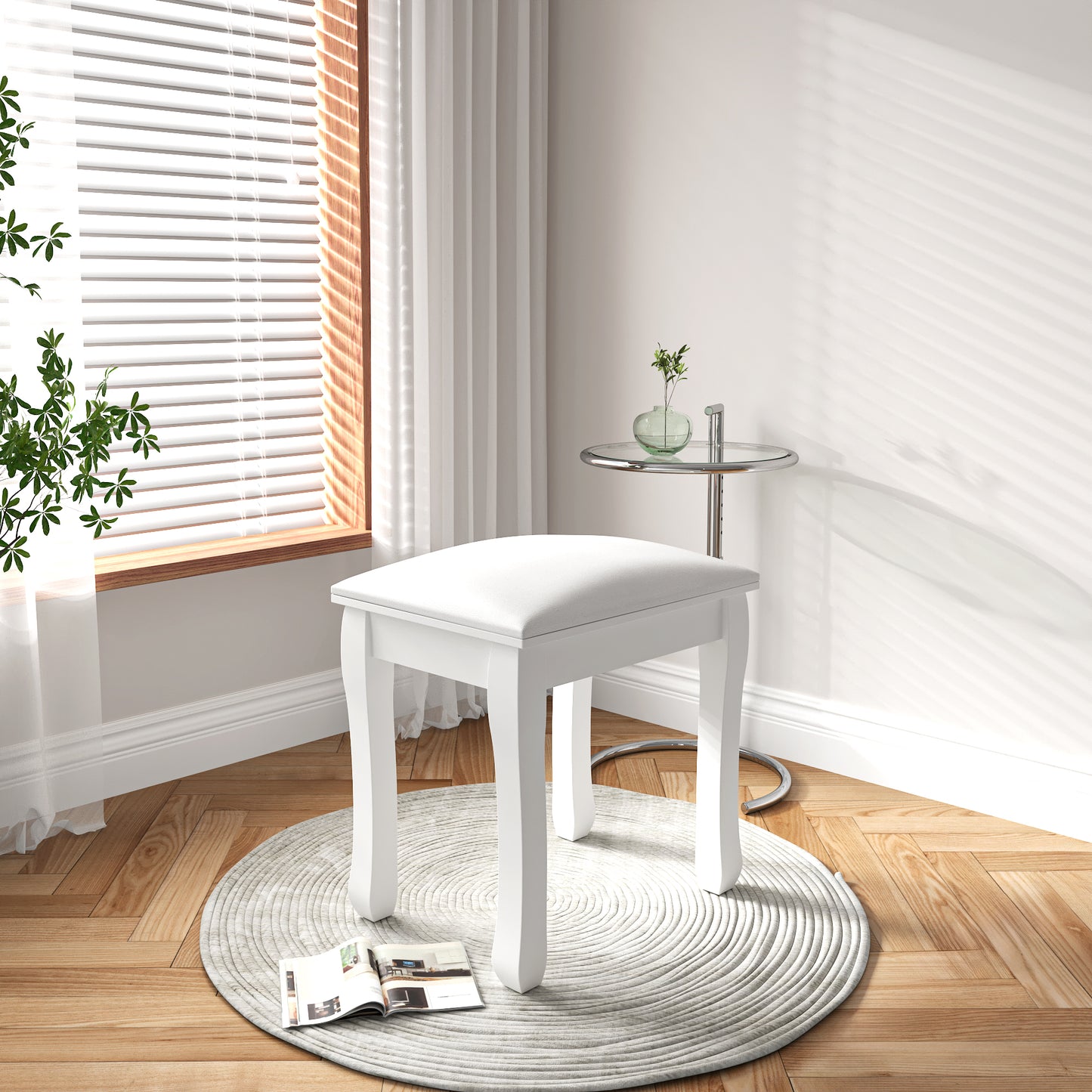 White Vanity Stool Padded Makeup Chair Bench with Solid Wood Legs