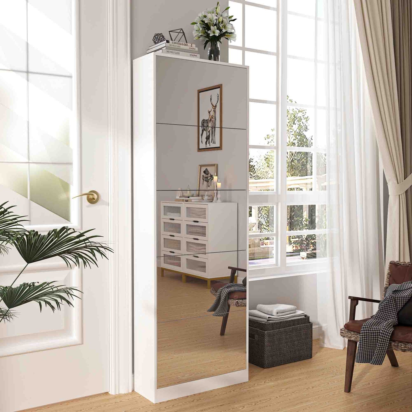 Shoe Storage Cabinet With Full Length Mirror,Wooden Freestanding Shoe Rack Organizer With 5 Tiers Flip Drawers and 30 Pair, Tall Narrow Shoe Cabinet For Entryway, Hallway, Bedroom, Closet, Living Room (White)