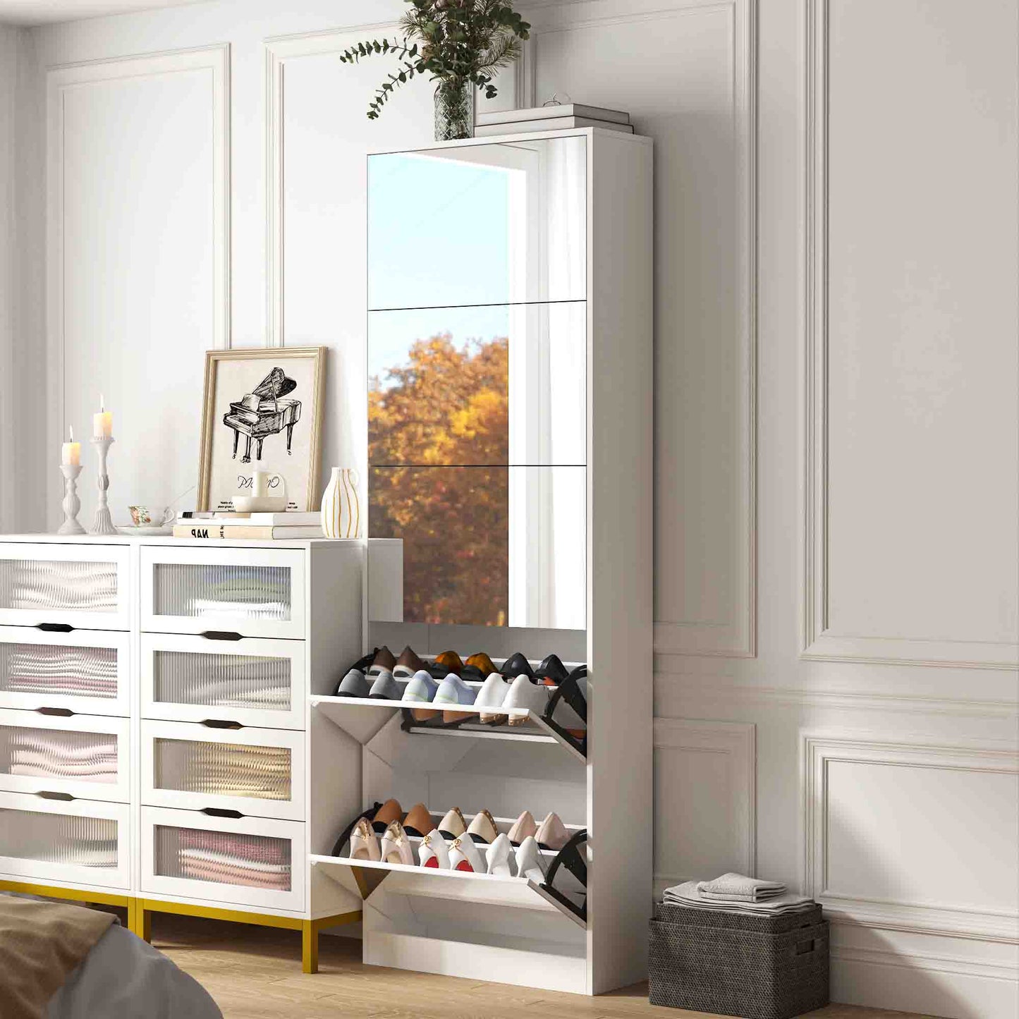 Shoe Storage Cabinet With Full Length Mirror,Wooden Freestanding Shoe Rack Organizer With 5 Tiers Flip Drawers and 30 Pair, Tall Narrow Shoe Cabinet For Entryway, Hallway, Bedroom, Closet, Living Room (White)