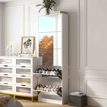 Shoe Storage Cabinet With Full Length Mirror,Wooden Freestanding Shoe Rack Organizer With 5 Tiers Flip Drawers and 30 Pair, Tall Narrow Shoe Cabinet For Entryway, Hallway, Bedroom, Closet, Living Room (White)