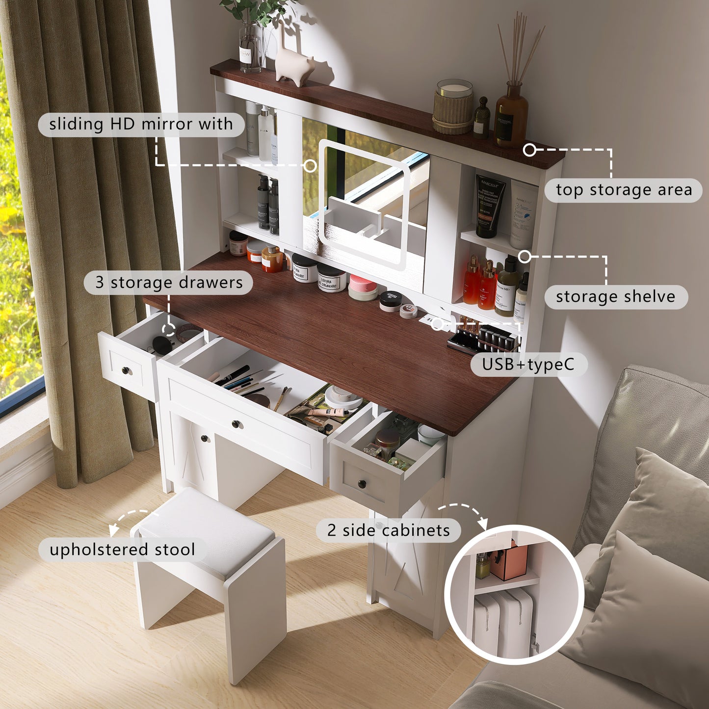 Farmhouse Vanity Desk with Sliding Mirror,Lights and Charging Station,Makeup Table Desk with Dimmable Led Light,Vanity Makeup Table with Sponge Soft Stool,White+Brown Finish