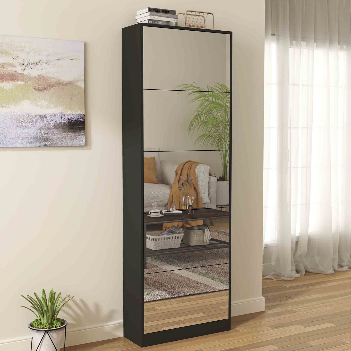 Shoe Storage Cabinet With Full Length Mirror,Wooden Freestanding Shoe Rack Organizer With 5 Tiers Flip Drawers & 30 Pair, Tall Narrow Shoe Cabinet For Entryway, Hallway, Bedroom, Closet, Living Room (Black)