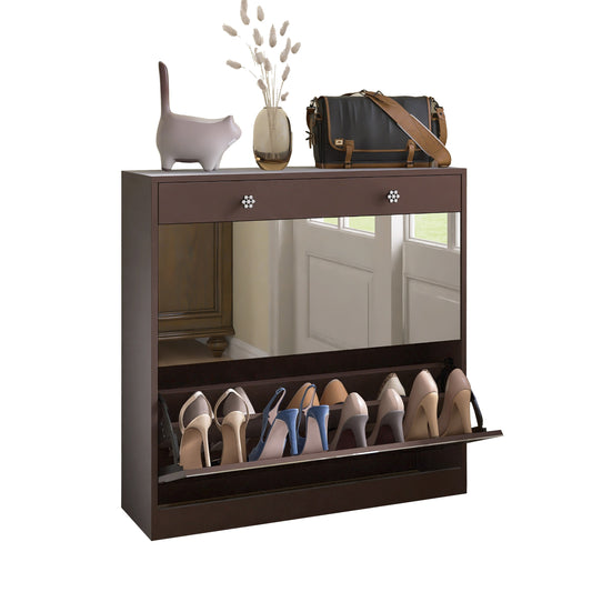 Mirror Shoe Cabinet with 2 Tier Drawers, Mirror Shoe Rack With 1 Drawer Storage, Mirror Shoe Organizer with 2 Layers In a Drawer for Entrance, Entryway, Bedroom,Brown Finish