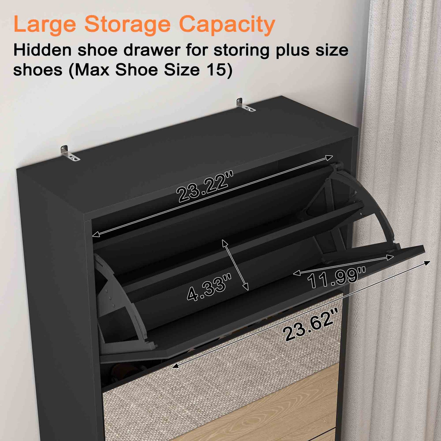Shoe Storage Cabinet With Full Length Mirror,Wooden Freestanding Shoe Rack Organizer With 5 Tiers Flip Drawers & 30 Pair, Tall Narrow Shoe Cabinet For Entryway, Hallway, Bedroom, Closet, Living Room (Black)