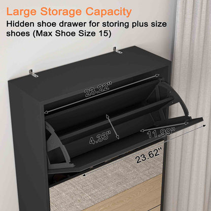 Shoe Storage Cabinet With Full Length Mirror,Wooden Freestanding Shoe Rack Organizer With 5 Tiers Flip Drawers & 30 Pair, Tall Narrow Shoe Cabinet For Entryway, Hallway, Bedroom, Closet, Living Room (Black)