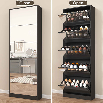 Shoe Storage Cabinet With Full Length Mirror,Wooden Freestanding Shoe Rack Organizer With 5 Tiers Flip Drawers & 30 Pair, Tall Narrow Shoe Cabinet For Entryway, Hallway, Bedroom, Closet, Living Room (Black)