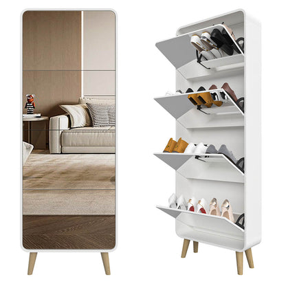 Mirror Shoe Cabinet with 4 Flip Drawers, Wooden Shoe Organizer with Solid Wood Legs, Full Length Mirror Shoe Rack, Narrow Shoe Storage Cabinet for Entryway, White