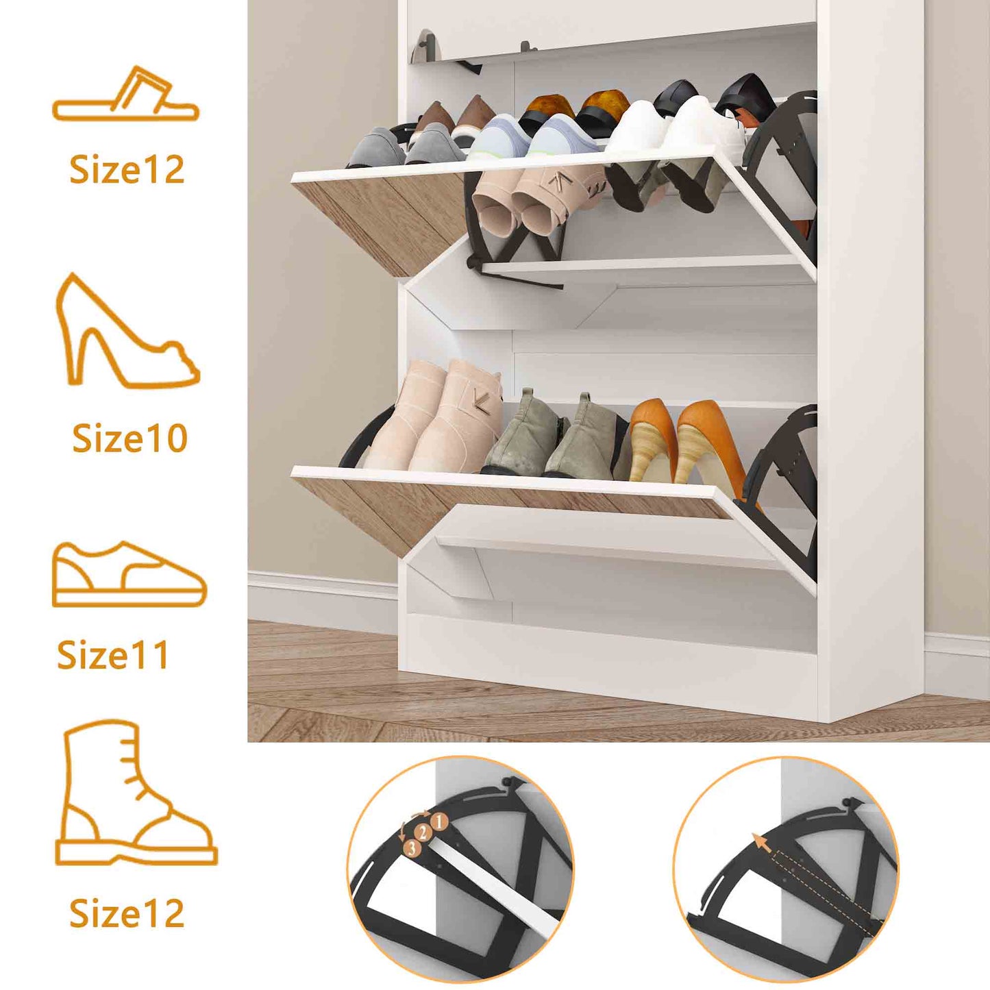 Shoe Storage Cabinet With Full Length Mirror,Wooden Freestanding Shoe Rack Organizer With 5 Tiers Flip Drawers and 30 Pair, Tall Narrow Shoe Cabinet For Entryway, Hallway, Bedroom, Closet, Living Room (White)