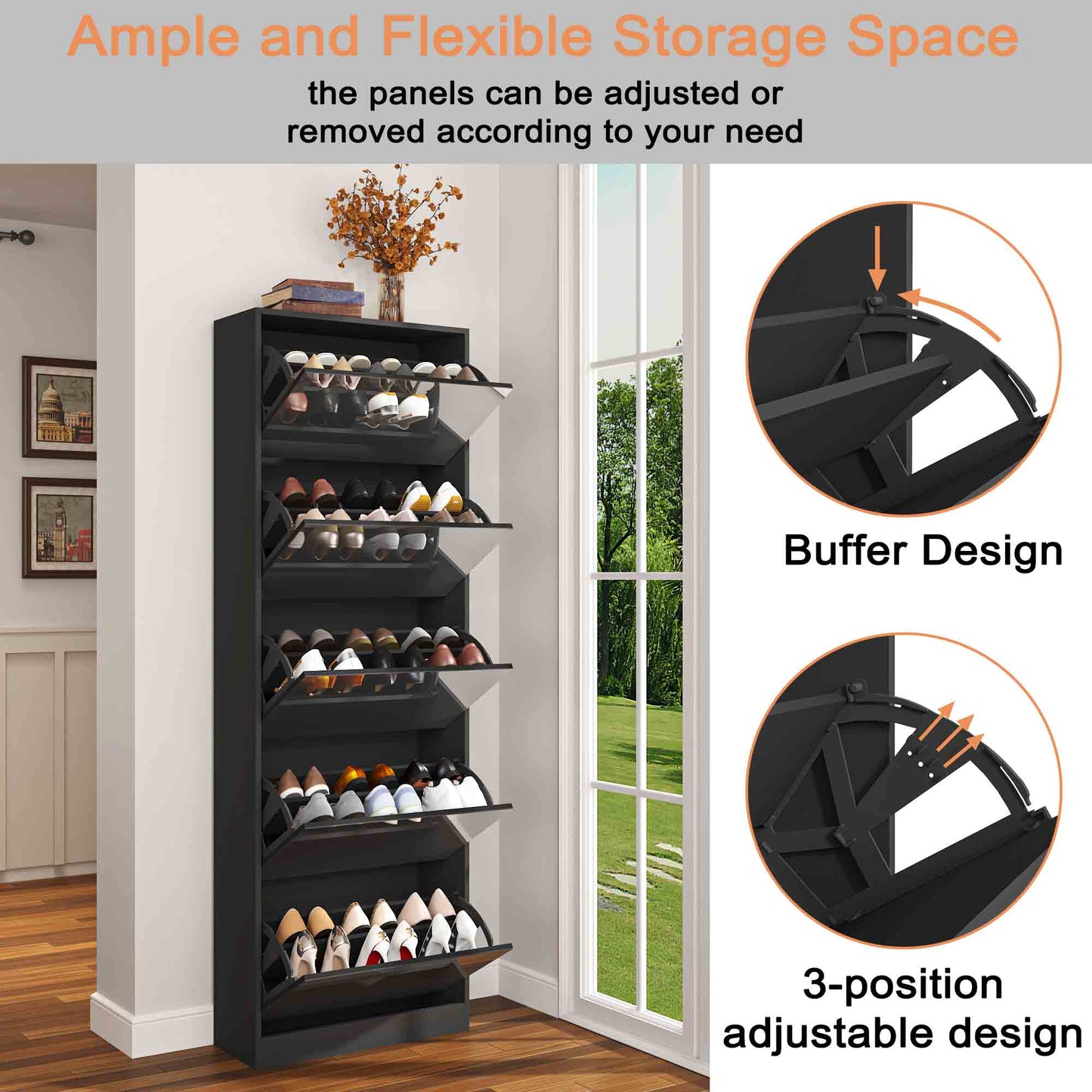 Shoe Storage Cabinet With Full Length Mirror,Wooden Freestanding Shoe Rack Organizer With 5 Tiers Flip Drawers & 30 Pair, Tall Narrow Shoe Cabinet For Entryway, Hallway, Bedroom, Closet, Living Room (Black)