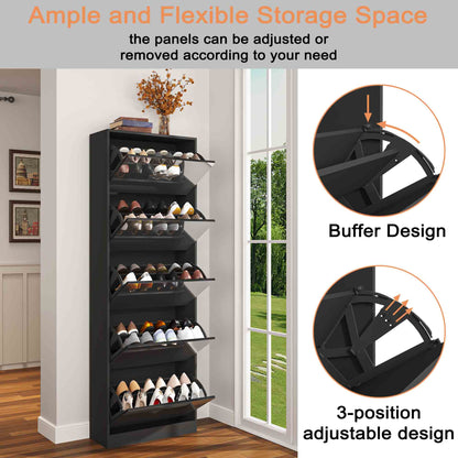 Shoe Storage Cabinet With Full Length Mirror,Wooden Freestanding Shoe Rack Organizer With 5 Tiers Flip Drawers & 30 Pair, Tall Narrow Shoe Cabinet For Entryway, Hallway, Bedroom, Closet, Living Room (Black)