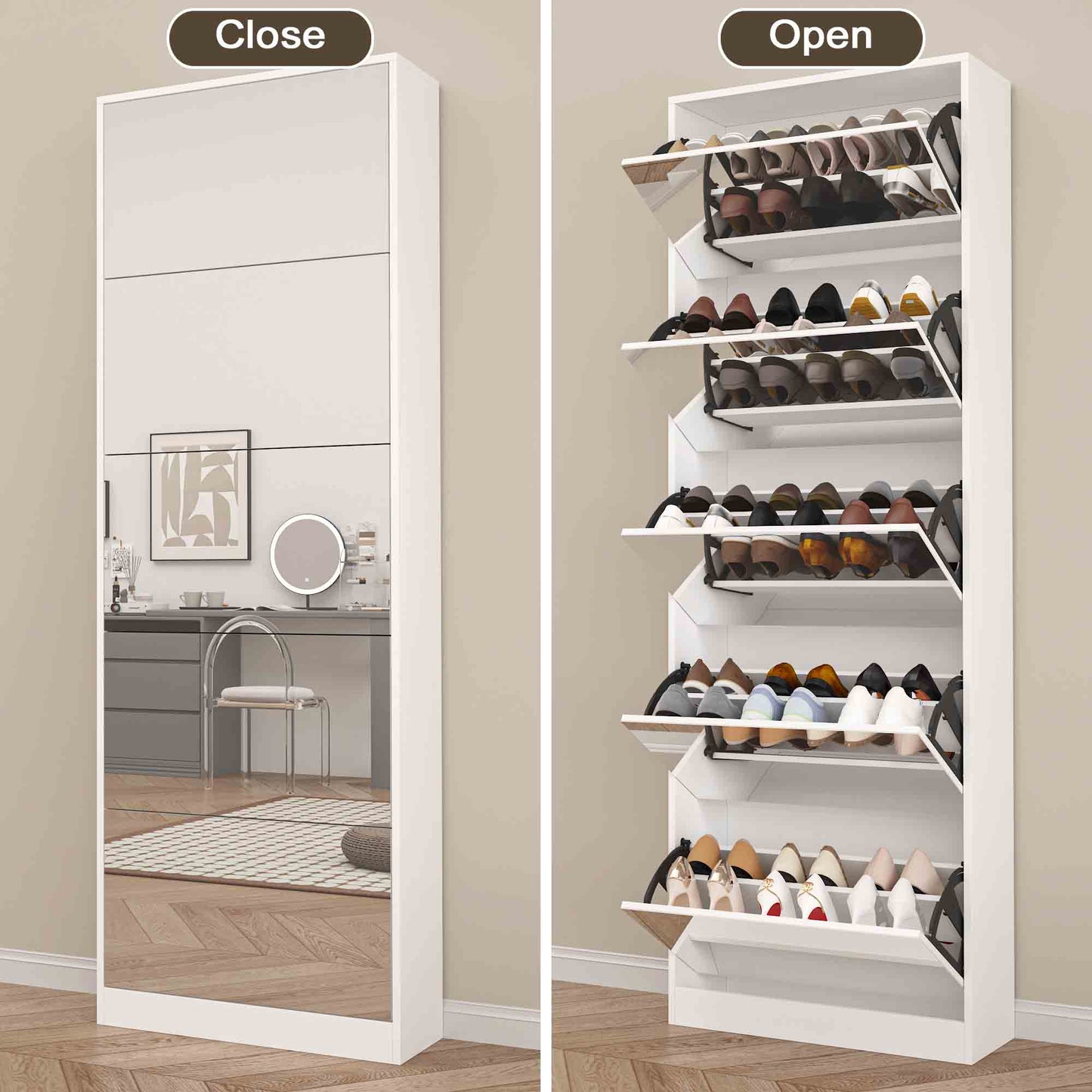 Shoe Storage Cabinet With Full Length Mirror,Wooden Freestanding Shoe Rack Organizer With 5 Tiers Flip Drawers and 30 Pair, Tall Narrow Shoe Cabinet For Entryway, Hallway, Bedroom, Closet, Living Room (White)