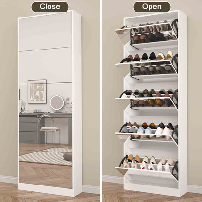 Shoe Storage Cabinet With Full Length Mirror,Wooden Freestanding Shoe Rack Organizer With 5 Tiers Flip Drawers and 30 Pair, Tall Narrow Shoe Cabinet For Entryway, Hallway, Bedroom, Closet, Living Room (White)