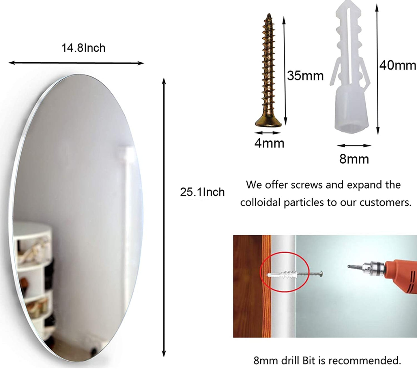 Facilehome Oval Wall Mounted Mirror Dressing Mirror Frameless,Bedroom or Bathroom Mirror,Horizontal or Vertical(25.1" x 14.8" x 0.79")